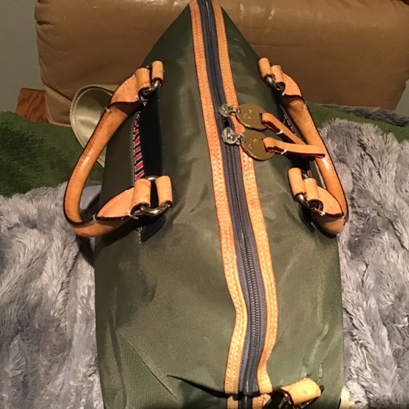 DANZO ‘RETRO KHAKI GREEN NYLON WITH BEIGE VACHETTA HANDLES & TRIMS  BABY BAG - Picture 10 of 16